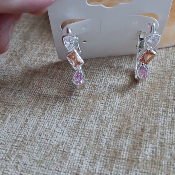 Silver Tone Clear, Gold and Pink Gemstone Leverback Earrings - Picture 8 of 8